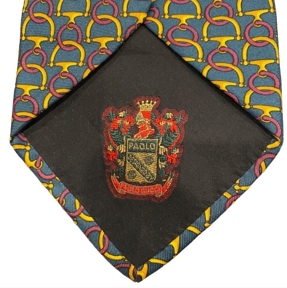 PAOLO GUCCI Hunter Teal Plum Gold Bridle Pattern 100% Silk Made in Italy Tie - Picture 2 of 3